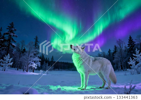 Wolf watching the aurora scenery - AI generated Wolf watching the aurora scenery - AI generated 133441363
