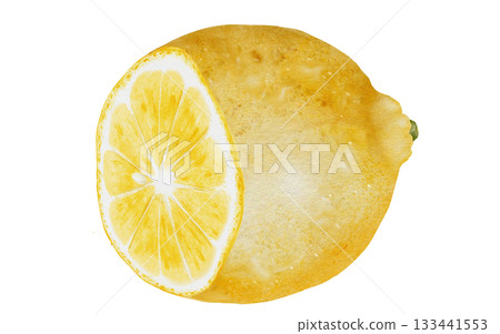Lemon cut watercolor. Hand drawn tropical sour fruit. Clip art of juicy yellow lime. Citrus on isolated white background. Ideal for logo and packaging of natural cosmetics, household chemicals and 133441553