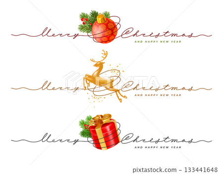 Merry Christmas Greetings Set With Continuous Line Lettering Merry Christmas Greetings Set With Continuous Line Lettering 133441648