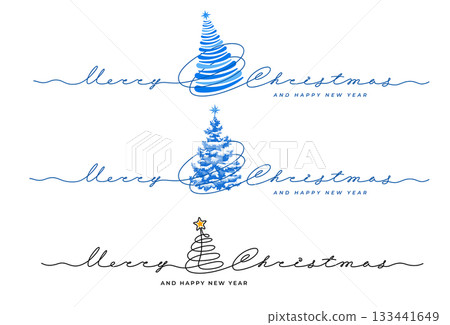 Merry Christmas Greetings Set With Continuous Line Lettering And Fir Tree Merry Christmas Greetings Set With Continuous Line Lettering And Fir Tree 133441649