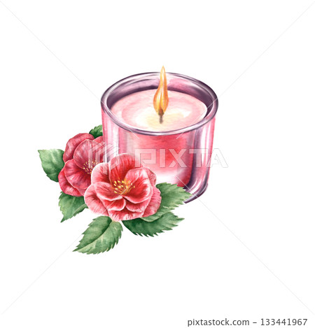 Watercolor candle in a glass with pink camellia flowers Pink light with rose scent Spa and beauty products isolated on a white background Realistic illustration for a beauty salon and wellness center. Watercolor candle in a glass with pink camellia flowers Pink light with rose scent Spa and beauty products isolated on a white background Realistic illustration for a beauty salon and wellness center. 133441967
