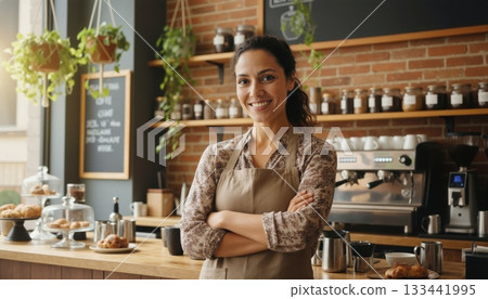 Owner of small business smiling while standing with arms crossed in her cafe. 133441995