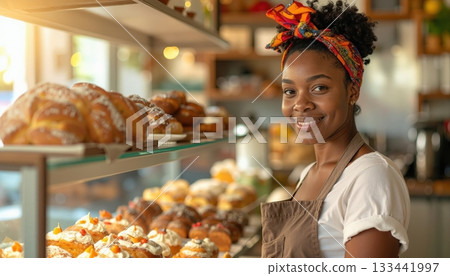 Happy business owner working in artisanal bakery shop selling fresh pastries. 133441997
