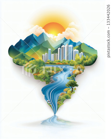 卡通高山城市插畫 卡通高山城市插畫 133442026