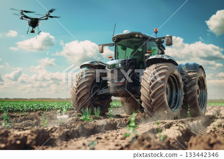 Modern technologies in agriculture. An industrial drone flies over a green field. Neural network ai generated art 133442346