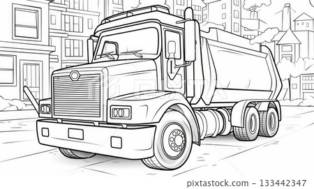 Detailed line drawing of garbage truck on suburban street with houses and trees. Neural network AI generated 133442347