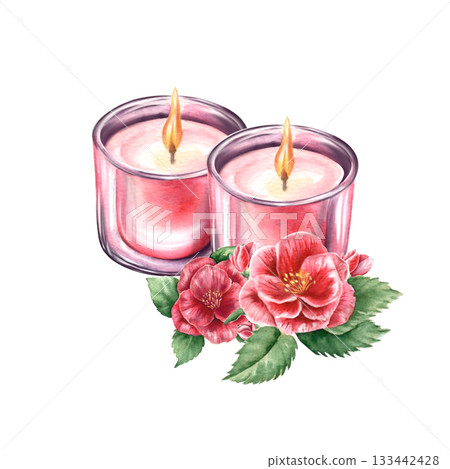 Watercolor candle in a glass with pink camellia flowers Pink light with rose scent Spa and beauty products isolated on a white background Realistic illustration for a beauty salon and wellness center. Watercolor candle in a glass with pink camellia flowers Pink light with rose scent Spa and beauty products isolated on a white background Realistic illustration for a beauty salon and wellness center. 133442428