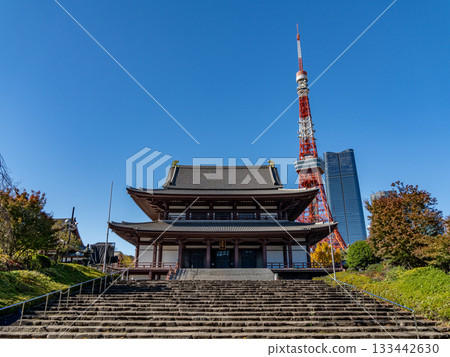 從芝公園眺望東京鐵塔和增上寺 從芝公園眺望東京鐵塔和增上寺 133442630