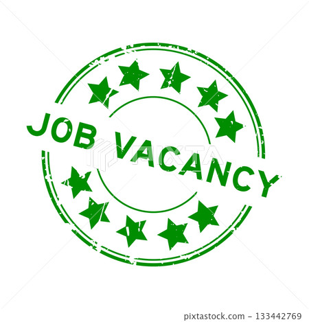 Grunge green job vacancy word with star icon round rubber seal stamp on white background 133442769