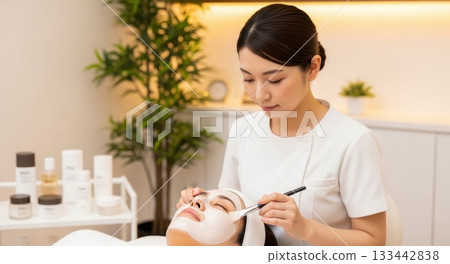 一位女士正在美容院接受臉部護理。 133442838