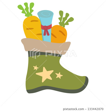 Winter Childrens green boot with carrot and letter for St Nicholas day inside, symbol of Sinterklaas. Sinterklaas cartoon hand drawn shoes with carrot and scroll. Saint Nicholas Day Dutch Holiday 133442870