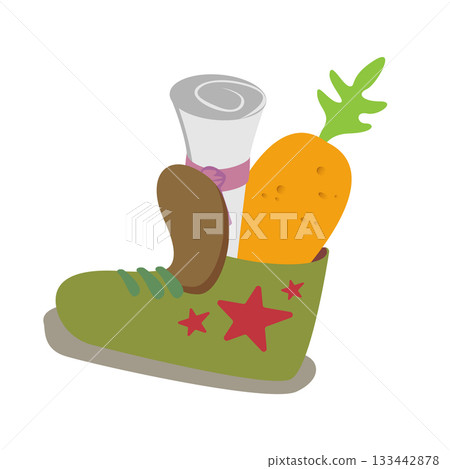 Winter Childrens green boot with carrot and letter for St Nicholas day inside, symbol of Sinterklaas. Sinterklaas cartoon hand drawn shoes with carrot and scroll. Saint Nicholas Day Dutch Holiday Winter Childrens green boot with carrot and letter for St Nicholas day inside, symbol of Sinterklaas. Sinterklaas cartoon hand drawn shoes with carrot and scroll. Saint Nicholas Day Dutch Holiday 133442878
