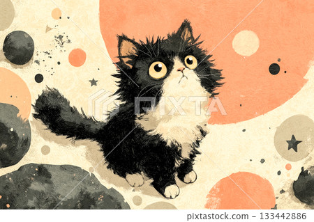一款以小貓為主題的流行背景素材，點綴著散落的星星和圓形圖案。 133442886