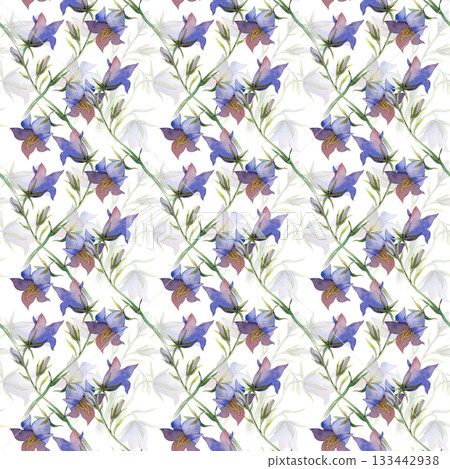 Watercolor seamless pattern with blue wildflowers. Botanical illustration with bluebells on a white background. Seamless background for wallpaper, textiles and printing. 133442938