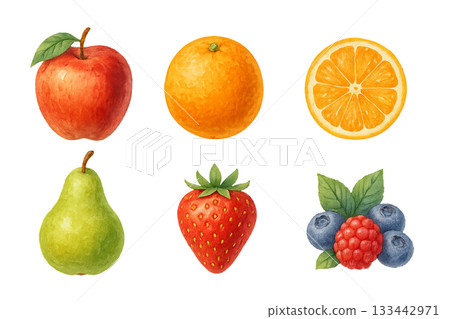 Png watercolor fruit set with apple, orange, pear, strawberry, and berries isolated on transparent background. concept of fresh produce, healthy snacks, colorful fruit illustration. Png watercolor fruit set with apple, orange, pear, strawberry, and berries isolated on transparent background. concept of fresh produce, healthy snacks, colorful fruit illustration. 133442971