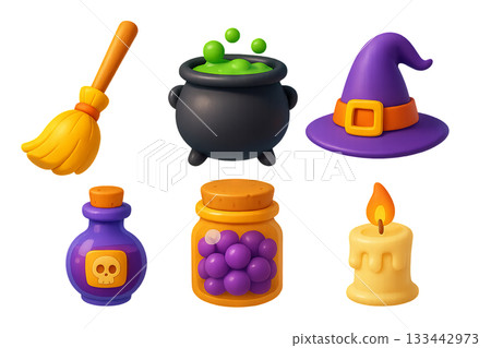Png witchcraft set for kids with broom, cauldron, hat, potion, jar, and candle isolated on transparent background. concept of halloween decor, magical elements, spooky fun objects 133442973