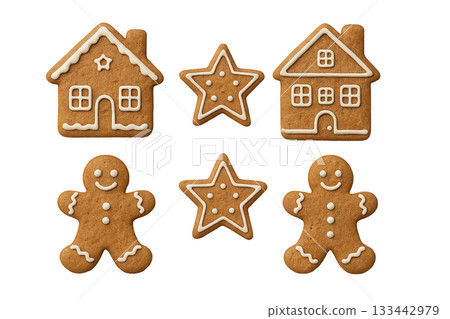 Png set of gingerbread cookies with houses, stars and people isolated on transparent background. concept of holiday sweets, festive treats, christmas decor elements. 133442979