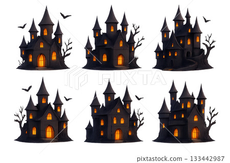 Png set of spooky halloween castles with glowing windows isolated on transparent background. concept of haunted house decor, eerie architecture, scary holiday design. 133442987