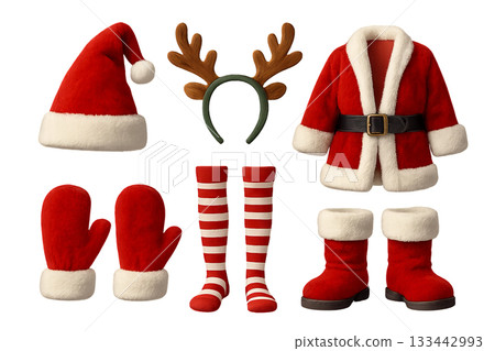 Png set of christmas accessories including santa hat, reindeer antlers, striped socks, mittens, and red fur coat isolated on transparent background. concept of festive outfit and holiday costume. 133442993