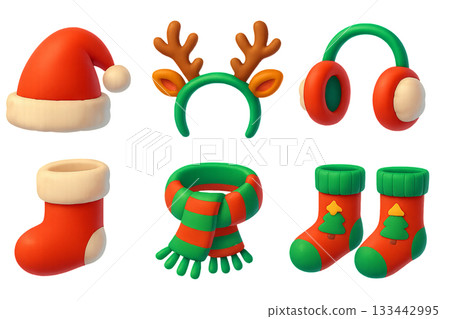 Png set of christmas accessories for kids including santa hat, reindeer headband, earmuffs, stocking, scarf, and socks isolated on transparent background. concept of festive decor and holiday fun. 133442995