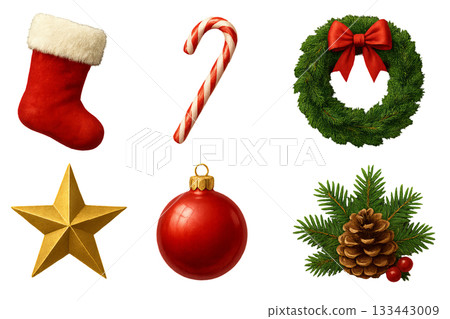Png set of christmas symbols including stocking, candy cane, wreath, star, bauble, and pinecone isolated on transparent background. concept of holiday decor, festive elements, seasonal decorations. Png set of christmas symbols including stocking, candy cane, wreath, star, bauble, and pinecone isolated on transparent background. concept of holiday decor, festive elements, seasonal decorations. 133443009