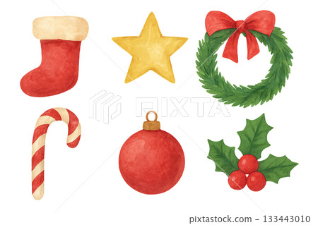 Png watercolor christmas set with festive ornaments including stocking, star, wreath, candy cane, bauble, and holly isolated on transparent background. concept of holiday decor, seasonal illustration, 133443010