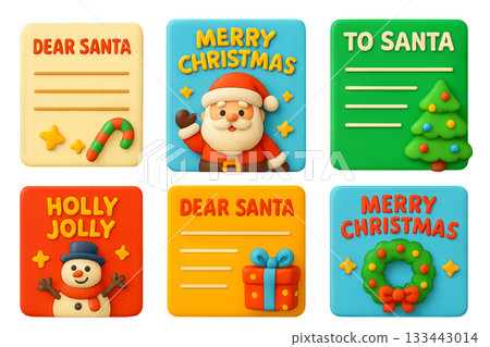 Png set of 3d christmas card designs with santa, snowman, gift, tree, and candy cane isolated on transparent background. concept of holiday greetings, festive decor, winter elements 133443014
