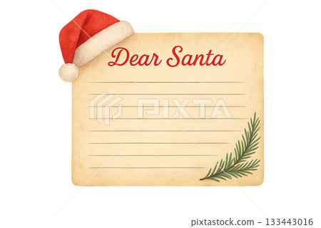 Png vintage christmas letter template with santa hat and pine branch isolated on transparent background. concept of holiday stationery, festive design, seasonal greetings clip art Png vintage christmas letter template with santa hat and pine branch isolated on transparent background. concept of holiday stationery, festive design, seasonal greetings clip art 133443016