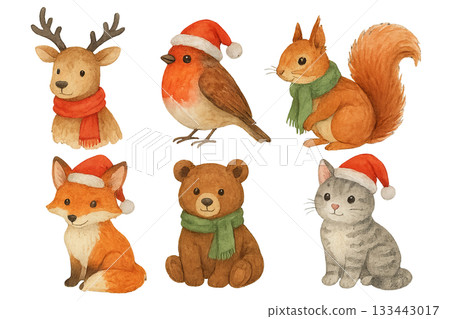 Png watercolor christmas animals in winter attire set isolated on transparent background. concept of holiday wildlife, festive decor, cute forest creatures, seasonal illustration 133443017
