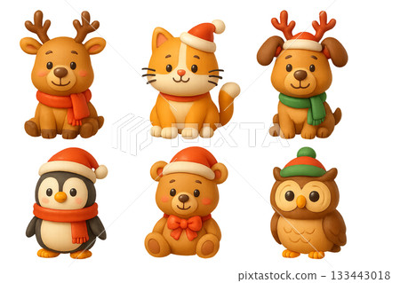 Png set of cute 3d christmas animals with santa hats and scarves isolated on transparent background. concept of holiday decor, festive characters, winter celebration elements. 133443018