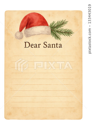 Png watercolor santa letter template with festive design elements including santa hat and pine branch isolated on transparent background. christmas stationery, holiday message, seasonal decor. 133443019