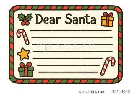 Png festive santa letter template with holly, gifts, candy canes and star on transparent background. concept of christmas stationery, holiday wishes, december celebration elements 133443020