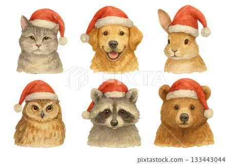 Png watercolor set of animals in santa hats isolated on transparent background. concept of holiday pets, festive decor, christmas critters, winter celebration illustration 133443044
