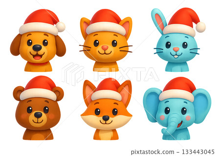 Png set of cute animals wearing santa hats isolated on transparent background. concept of festive christmas characters, holiday decor, adorable winter animal illustration Png set of cute animals wearing santa hats isolated on transparent background. concept of festive christmas characters, holiday decor, adorable winter animal illustration 133443045