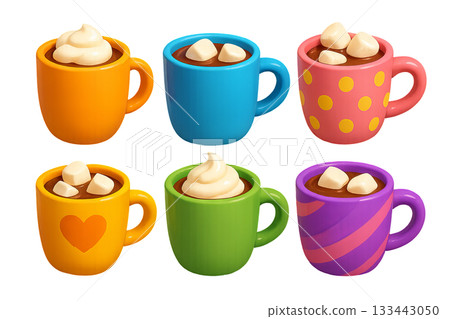 Png set of colorful mugs with hot chocolate and marshmallows isolated on transparent background. concept of cozy winter drinks, sweet treats, warm beverage clip art. 133443050