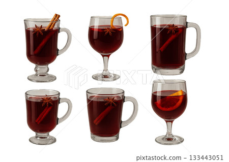 Png set of mulled wine glasses with spices and citrus isolated on transparent background. concept of cozy autumn drinks, festive decor, winter beverage, holiday warmth. 133443051