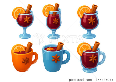 Png set of mulled wine glasses and mugs with spices and orange slices isolated on transparent background. concept of winter drinks, holiday beverages, cozy seasonal treats 133443053