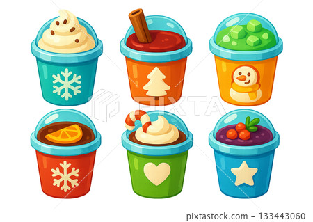Png set of winter drinks in colorful cups with festive designs isolated on transparent background. concept of cozy beverages, holiday elements, seasonal drink illustration. 133443060