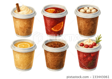 Png set of watercolor winter to-go drinks with spices, fruits, and marshmallows isolated on transparent background. concept of seasonal beverages, cozy cafe, holiday warmth. 133443061