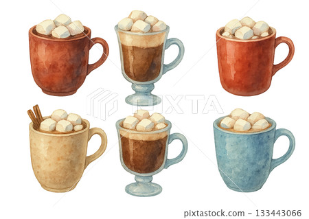 Png watercolor mugs with marshmallows isolated on transparent background. concept of cozy drinks, hot chocolate cups, winter beverages, coffee illustration, warm dessert design 133443066