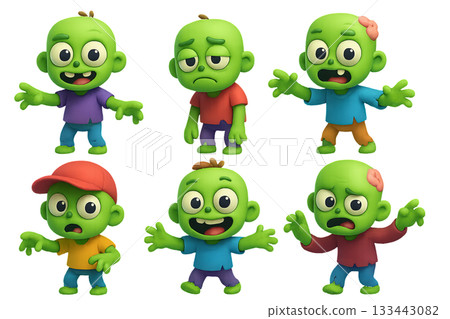 Png set of funny zombie characters with various expressions isolated on transparent background. concept of halloween decor, cartoon monsters, spooky party elements. 133443082