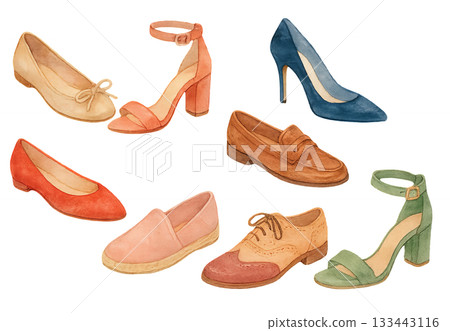 Png watercolor set of elegant women's shoes including heels, loafers, and sandals isolated on transparent background. concept of fashion footwear, stylish shoes, wardrobe essentials. 133443116