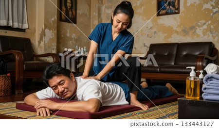 A man receives strong pressure on his lower back during a Thai massage 133443127