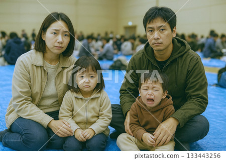 AI-generated image of a family of four sitting on a blue tarp in a gymnasium at an evacuation shelter 133443256