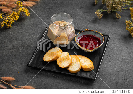 Chicken liver pate with toast and sauce Chicken liver pate with toast and sauce 133443338