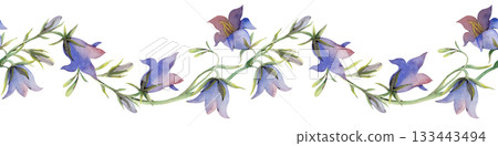 Horizontal seamless border with bellflowers on a white background. Watercolor illustration of realistic wildflowers. A botanical template for textile and wallpaper design, gardening. 133443494