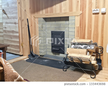 Warm sauna Lounge with Brick Stove and Firewood Rack Warm sauna Lounge with Brick Stove and Firewood Rack 133443698