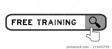 Search banner in word free training with hand over magnifier icon on white background Search banner in word free training with hand over magnifier icon on white background 133443799