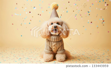 Cute dog with party hat on celebration background. 133443959