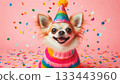 Cute dog with party hat on celebration background. 133443960